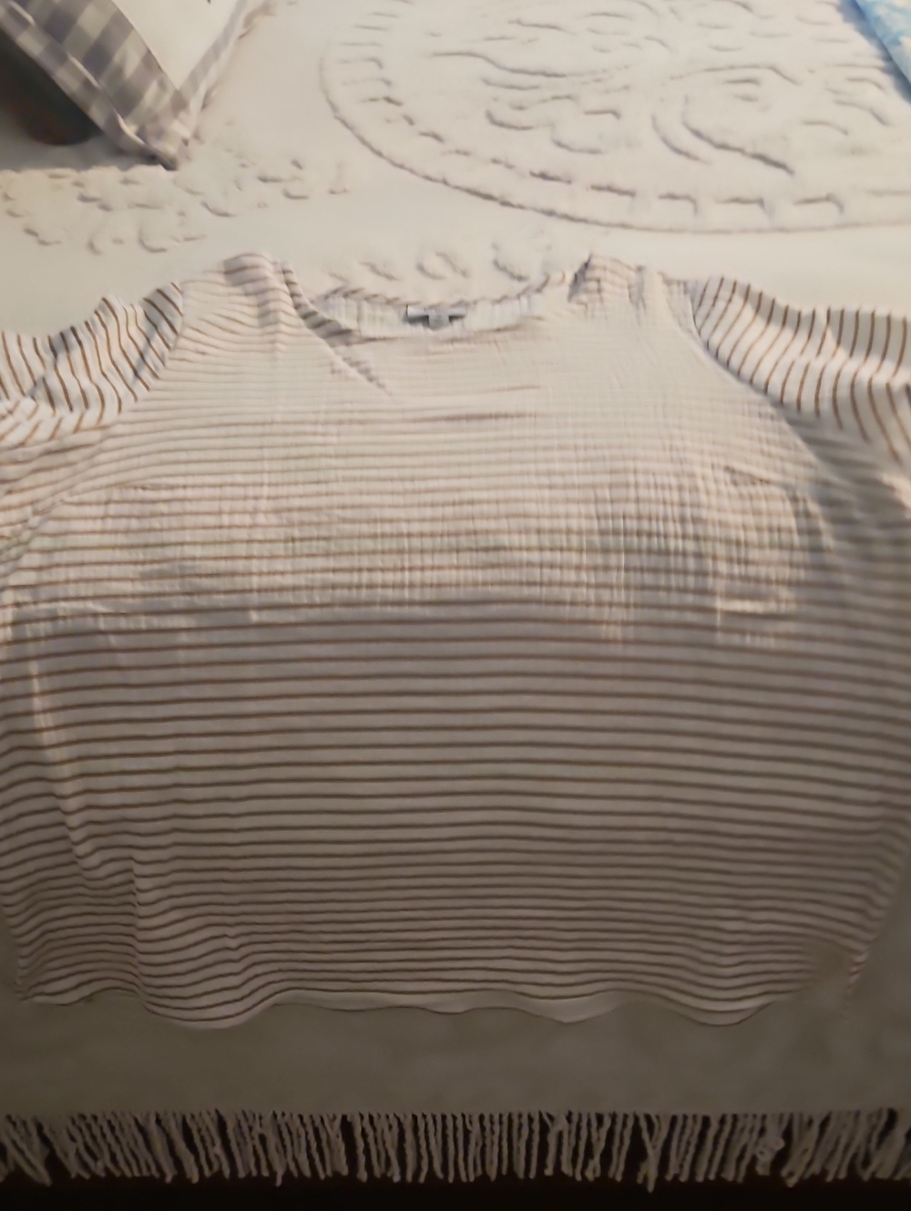 Kim Rogers White Short-Sleeve Striped Tee with Tan Lines